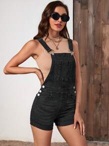 SHEIN Frenchy Roll Up Hem Denim Overalls Without Tank Top - Black - View 5