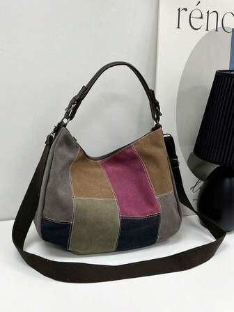 撞色流浪包大容量拉鍊復古