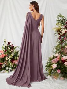 素色高衩側垂交叉圍裹緞面洋裝 - 淡紫色 - 查看 2