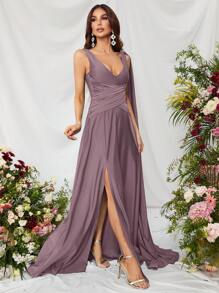 素色高衩側垂交叉圍裹緞面洋裝 - 淡紫色 - 查看 6