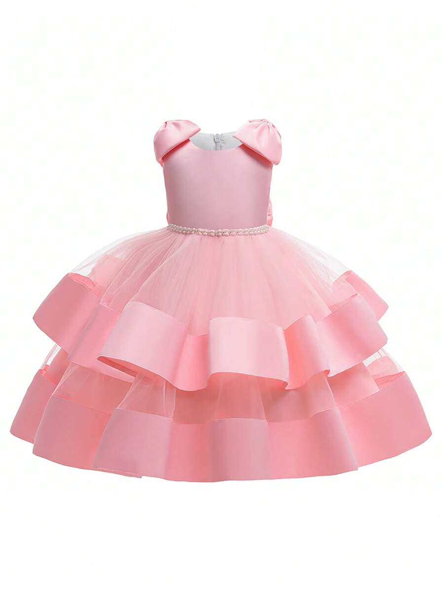 Váy Satin không tay bằng vải tuyn dành cho cô gái trẻ có trang trí nơ sau lưng, chiếc váy thanh lịch và lộng lẫy để tham dự tiệc, đám cưới, cô gái bán hoa - Hồng - Xem 1