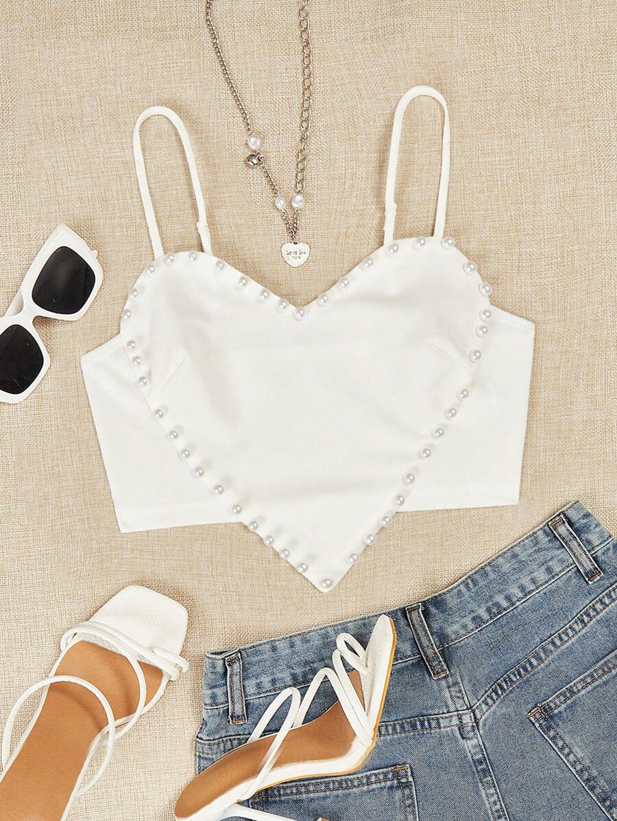 SHEIN ICON Pearls Beaded Crop Cami Top - White - View 1