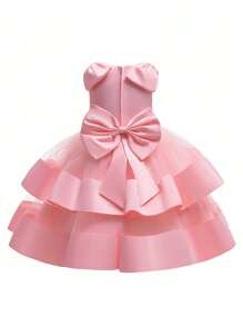 Váy Satin không tay bằng vải tuyn dành cho cô gái trẻ có trang trí nơ sau lưng, chiếc váy thanh lịch và lộng lẫy để tham dự tiệc, đám cưới, cô gái bán hoa - Hồng - Xem 2