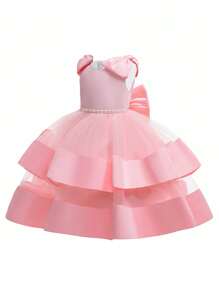 Váy Satin không tay bằng vải tuyn dành cho cô gái trẻ có trang trí nơ sau lưng, chiếc váy thanh lịch và lộng lẫy để tham dự tiệc, đám cưới, cô gái bán hoa - Hồng - Xem 3