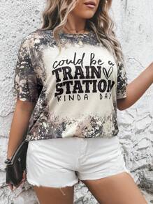 SHEIN LUNE Plus Tie Dye Slogan Graphic Tee - Multicolor - View 1