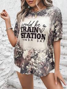 SHEIN LUNE Plus Tie Dye Slogan Graphic Tee - Multicolor - View 3