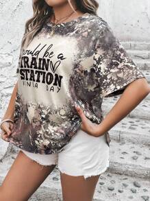 SHEIN LUNE Plus Tie Dye Slogan Graphic Tee - Multicolor - View 4