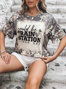 SHEIN LUNE Plus Tie Dye Slogan Graphic Tee - Multicolor - View 5