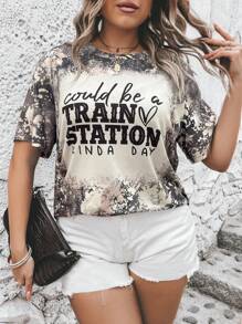 SHEIN LUNE Plus Tie Dye Slogan Graphic Tee - Multicolor - View 6