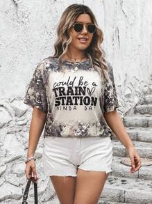 SHEIN LUNE Plus Tie Dye Slogan Graphic Tee - Multicolor - View 7