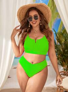SHEIN Swim Curve 加大尺碼霓虹青檸綠V領比基尼套裝，適用於夏天海灘 - 青檸色 - 查看 3