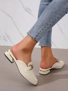 2025年秋季女士金属扣半背穆勒鞋，方头漆皮乐福鞋，优雅一脚蹬平底鞋，适合所有季节 - 米色 - 查看 5