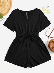 SHEIN LUNE 大碼後鎖孔腰帶連身短褲 - 黑色 - 查看 1