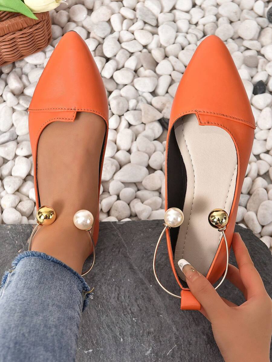 前衛橘色平底鞋適用於女士人造珍珠裝飾尖頭踝帶平底鞋 - 橘色 - 查看 1