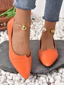 前衛橘色平底鞋適用於女士人造珍珠裝飾尖頭踝帶平底鞋 - 橘色 - 查看 2