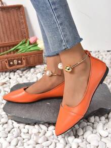 前衛橘色平底鞋適用於女士人造珍珠裝飾尖頭踝帶平底鞋 - 橘色 - 查看 5