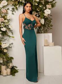 SHEIN Belle 蕾絲拼接高衩吊帶連衣裙