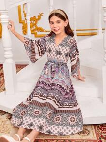 SHEIN 女孩幾何印花繫腰帶洋裝 - 彩色 - 查看 6