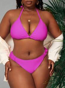 Celure Plus Size Solid Halter Bikini Set Summer Beach - Hot Pink - View 1