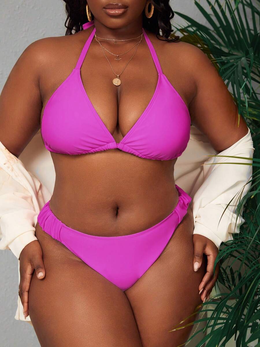 Celure Plus Size Solid Halter Bikini Set Summer Beach - Hot Pink - View 1