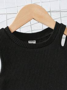 SHEIN 小女童鏤空背心上衣和小碎花荷葉邊半身裙 - 黑色 - 查看 3