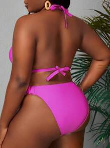 Celure Plus Size Solid Halter Bikini Set Summer Beach - Hot Pink - View 2