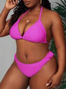 Celure Plus Size Solid Halter Bikini Set Summer Beach - Hot Pink - View 3
