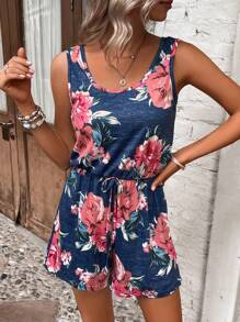 Breezaya Áo liền quần nữ Thắt nút Hoa Boho - Màu xanh hải quân - Xem 3