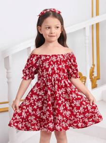 SHEIN Đầm bé gái Viên lá sen Dải chun Họa tiết hoa Boho - Đỏ và trắng - Xem 1