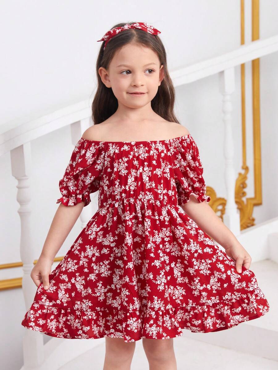 SHEIN Đầm bé gái Viên lá sen Dải chun Họa tiết hoa Boho - Đỏ và trắng - Xem 1