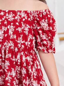 SHEIN Đầm bé gái Viên lá sen Dải chun Họa tiết hoa Boho - Đỏ và trắng - Xem 4