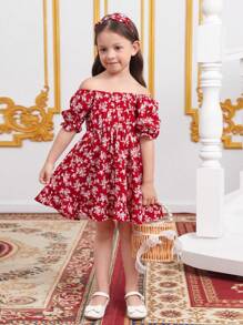 SHEIN Đầm bé gái Viên lá sen Dải chun Họa tiết hoa Boho - Đỏ và trắng - Xem 5