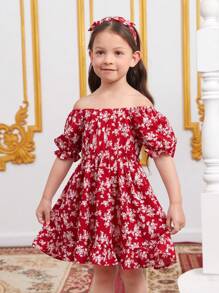 SHEIN Đầm bé gái Viên lá sen Dải chun Họa tiết hoa Boho - Đỏ và trắng - Xem 6