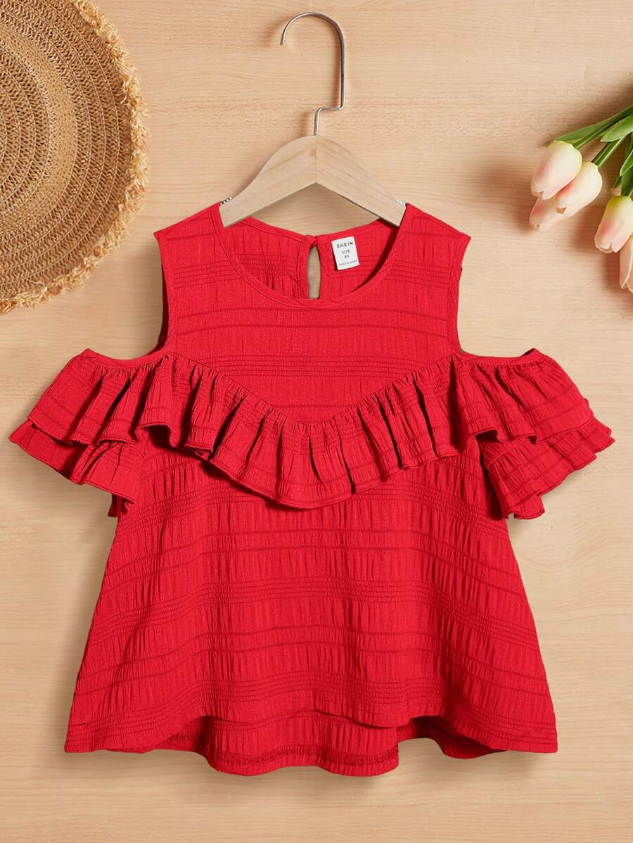 SHEIN 女孩挖肩荷葉邊襯衫 - 紅色 - 查看 1