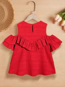 SHEIN 女孩挖肩荷葉邊襯衫 - 紅色 - 查看 2