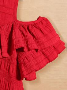 SHEIN 女孩挖肩荷葉邊襯衫 - 紅色 - 查看 3