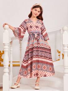 SHEIN Đầm Gái Thắt lưng Trọn gói Bộ lạc Boho - Nhiều màu - Xem 3