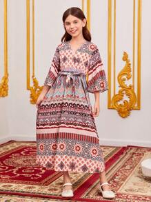 SHEIN Đầm Gái Thắt lưng Trọn gói Bộ lạc Boho - Nhiều màu - Xem 5