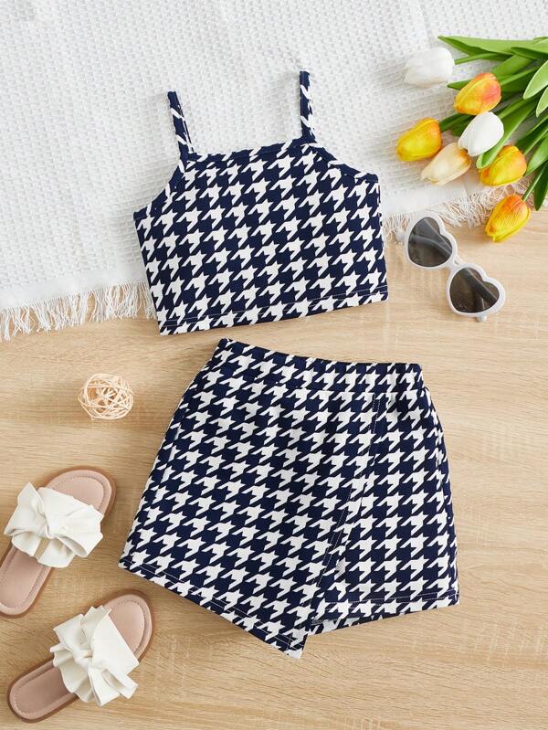 SHEIN Tânără Girl Houndstooth Print Cami Top și fusta pantaloni
