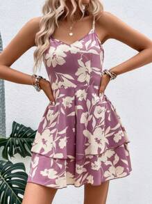 Breezaya 印花後背繫帶雙層下擺吊帶連體短褲 - 粉色 - 查看 1