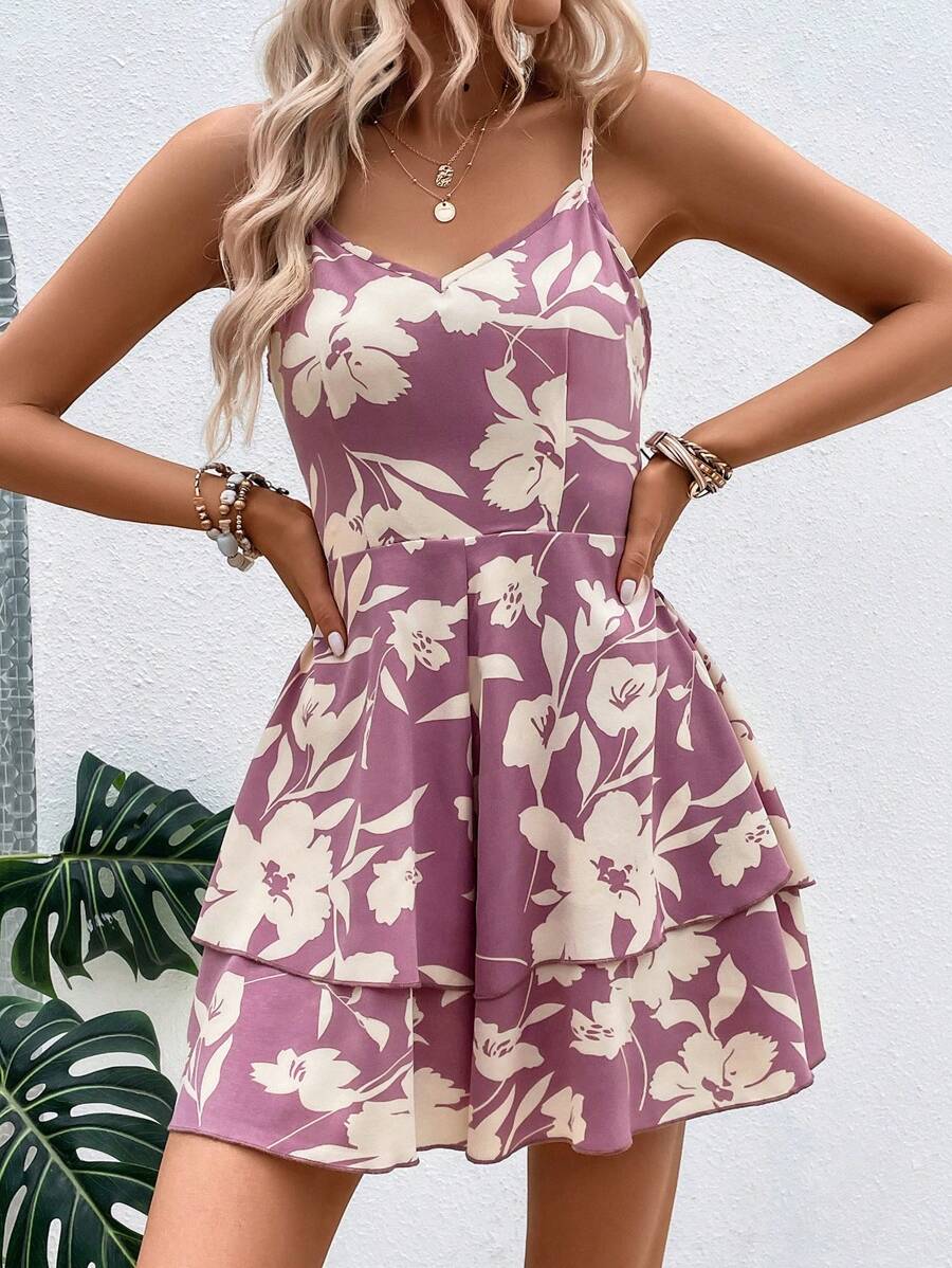 Breezaya 印花後背繫帶雙層下擺吊帶連體短褲 - 粉色 - 查看 1