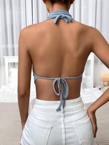 SHEIN Privé Draped Bandana Hem Backless Halter Top - Dusty Blue - View 2