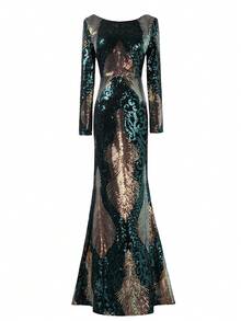 女士长袖美人鱼下摆亮片正式晚礼服优雅舞会婚礼宾客礼服，适合毕业典礼、晚宴 - 彩色 - 查看 7