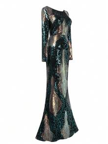 女士长袖美人鱼下摆亮片正式晚礼服优雅舞会婚礼宾客礼服，适合毕业典礼、晚宴 - 彩色 - 查看 8