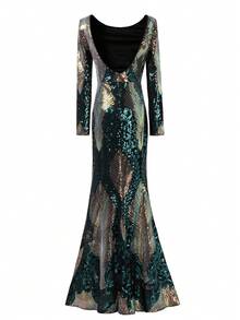 女士长袖美人鱼下摆亮片正式晚礼服优雅舞会婚礼宾客礼服，适合毕业典礼、晚宴 - 彩色 - 查看 9