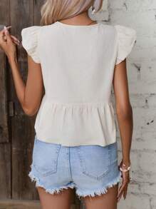 SHEIN VCAY 花卉刺繡荷葉邊荷葉邊下擺襯衫 - 杏色 - 查看 2