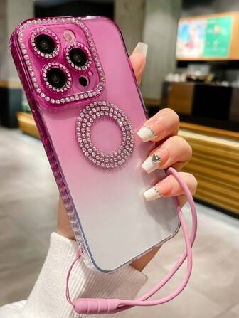 水鑽裝飾漸層手機殼附帶繩子