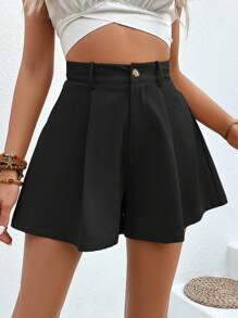 Chiquease 高腰拼接細節闊腿短褲 - 黑色 - 查看 1