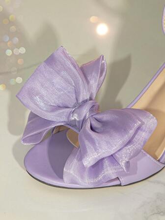 Sandalias moradas de moda para mujer, sandalias con tobillera y tacón ancho con decoración de lazo para el Día de San Valentín