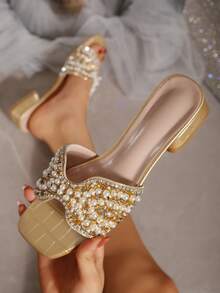 Glamorous Gold Sandals For Women, Faux Pearl & Rhinestone Decor Slide Sandals - Gold - View 2